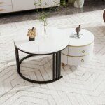 Table basse gigogne ronde 2 en 1 avec plateau brillant et 1 plateau en marbre blanc, 2 tiroirs, blanc ... Table basse gigogne ronde 2 en 1 avec plateau brillant et 1 plateau en marbre blanc, 2 tiroirs, blanc ...