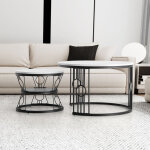 Table basse gigogne ronde, lot de 2, table basse gigogne blanche, pieds en m�tal noir