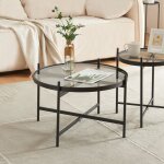 [en. casa] - table basse lier avec plateau rond en verre tremp de 5 mm mtal 61 x 40 cm noir
