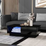 Okwish - table basse carr�e noire brillante, table de salon avec �clairage led et tiroir, pour salon, ...