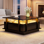 Table basse noire 70x70x35 cm, brillant, 2 tiroirs, �clairage led, s�parateur acrylique transparent, ...
