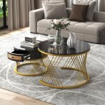 Redom - table basse ronde 2 en 1 en mdf, table d'appoint avec finition en marbre noir et tiroirs en rotin ... Redom - table basse ronde 2 en 1 en mdf, table d'appoint avec finition en marbre noir et tiroirs en rotin ...