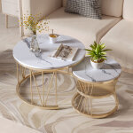 Table basse ronde lot de 2, structure en v m�tal dor�, plateau effet marbre blanc, design moderne et ...