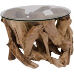 Table basse ronde 60x40 cm en teck et plateau en verre
