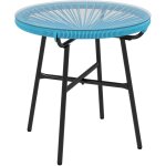 Table basse ronde de jardin en r�sine aspect rotin m�tal et plateau verre tremp� � 50 x 50h cm - bleu ...