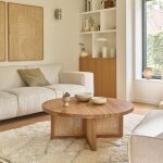 Berah getah - table basse ronde en teck massif pied cannage 100 cm