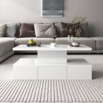 Okwish - table basse carre blanche brillante, table de rangement avec tiroirs et lumire led, 100x50x39 ...