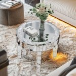 Table basse verre ronde table de salon cristal brillant en miroir hd meuble central argent fantaisie ...