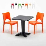 Table carr�e noire 70x70cm avec 2 chaises color�es grand soleil set bar caf� paris aia - orange