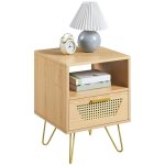 Table de chevet en bois, table d'appoint avec 1 tiroir en rotin, 1 compartiment et pieds mtalliques, ...