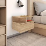 Vidaxl ? table de chevet flottante ch�ne sonoma ? agglom�r� robuste ? 1 tiroir et compartiments ouverts ...