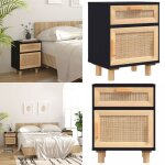 Table de chevet noir bois de pin massif et rotin naturel - meuble de chambre - table de chevet - meuble ...