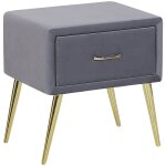 Table de chevet tapiss� en velours gris avec tiroir et pieds obliques en m�tal dor� id�ale pour chambre ...