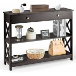 Goplus table console 3 niveaux design et moderne, table d?appoint avec 2 �tag�re et tiroirs, brun