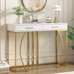 Table de couloir blanche, table d'appoint carr�e avec 2 tiroirs et pieds r�glables en m�tal, pour chambre ...