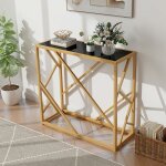 Relax4life - table console d'entre avec plateau noir en verre tremp, design gomtrique - cadre en ...