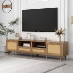 Redom - meuble tv avec pieds en bois massif, planches tv en rotin tress, panneau de particules, couleur ...