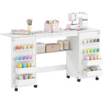 Table de couture pliante, meuble couture � roulettes, 2 portes magn�tiques, 4 bacs, 20 crochets, 160x40x81, ...