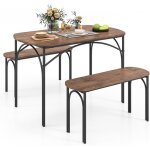 Costway - table de cuisine avec 2 bancs, meuble salle a manger 4 personnes, design ovale, cadre en m�tal, ...