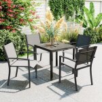 Table de jardin pour 4 personnes avec plateau effet bois, r�sistante aux intemp�ries, style moderne, ...