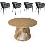 Table � manger bois d'acacia ronde. int�rieur / ext�rieur + 4 fauteuils en corde noir et acier