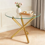 Table � manger ronde 80 cm en verre tremp� transparent avec pieds en m�tal dor�, 2 � 4 personnes