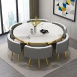 Meubler design - table  manger ronde et chaises encastrable popup xl - marbre blanc chaises gris, bois ...