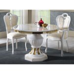 Table à manger ronde extensible bois vernis laqué brillant blanc et doré lesly 110 à 160cm Table à manger ronde extensible bois vernis laqué brillant blanc et doré lesly 110 à 160cm