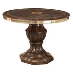Table � manger ronde extensible bois vernis laqu� brillant marron et dor� vinza 110 � 160cm