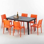 Table rectangulaire et 6 chaises poly rotin color�es 150x90cm noir enjoy