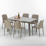 Table rectangulaire et 6 chaises poly rotin resine ensemble bar caf� exterieur 150x90 beige marion