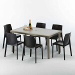 Table rectangulaire et 6 chaises poly rotin resine ensemble bar caf� exterieur 150x90 beige marion