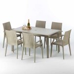 Table rectangulaire et 6 chaises poly rotin resine ensemble bar caf� exterieur 150x90 beige marion
