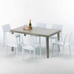 Table rectangulaire et 6 chaises poly rotin resine ensemble bar caf� exterieur 150x90 beige marion