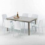 Table rectangulaire et 6 chaises poly rotin resine ensemble bar caf� exterieur 150x90 beige marion