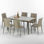 Table rectangulaire et 6 chaises poly rotin resine ensemble bar caf� exterieur 150x90 beige marion