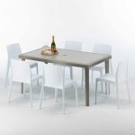 Table rectangulaire et 6 chaises poly rotin resine ensemble bar caf� exterieur 150x90 beige marion