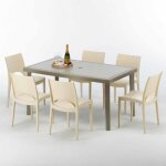 Table rectangulaire et 6 chaises poly rotin resine ensemble bar caf� exterieur 150x90 beige marion