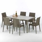 Table rectangulaire et 6 chaises poly rotin resine ensemble bar caf� exterieur 150x90 beige marion