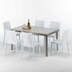 Table rectangulaire et 6 chaises poly rotin resine ensemble bar caf� exterieur 150x90 beige marion