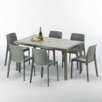 Table rectangulaire et 6 chaises poly rotin resine ensemble bar caf� exterieur 150x90 beige marion