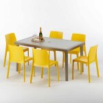 Table rectangulaire et 6 chaises poly rotin resine ensemble bar caf� exterieur 150x90 beige marion