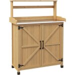 Table de rempotage jardinage - �tag�res, 2 portes avec �tag�re - plateau t�le acier galvanis� - bois ...