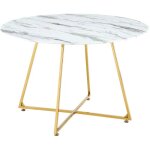 Homy france - table repas ronde 4 personnes heloise gold verre effet marbre blanc