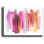 Tableau d�coratif pola l70xh100cm motif abstrait, coups de pinceau rose, violet et or