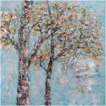Tableau peinture abstraite kuatéh 100x100 cm arbres d'automne avec ciel bleu collage en aluminium Tableau peinture abstraite kuatéh 100x100 cm arbres d'automne avec ciel bleu collage en aluminium