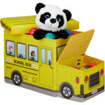 Tabouret coffre  jouets bote  jouets couvercle pouf enfant pliable bus cole 50 litres, jaune - relaxdays ...