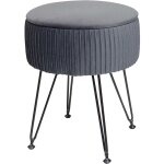 Tabouret avec compartiment de rangement � 33cm aspect velours gris clair cadre noir tabo04013