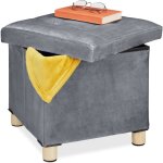 Tabouret de rangement, couvercle - plateau, pieds en bois, pouf carr, h x l x p : 35x38x38 cm, gris ...