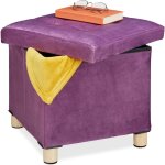 Tabouret de rangement, couvercle - plateau, pieds en bois, pouf carr, h x l x p : 35x38x38 cm, mauve ...